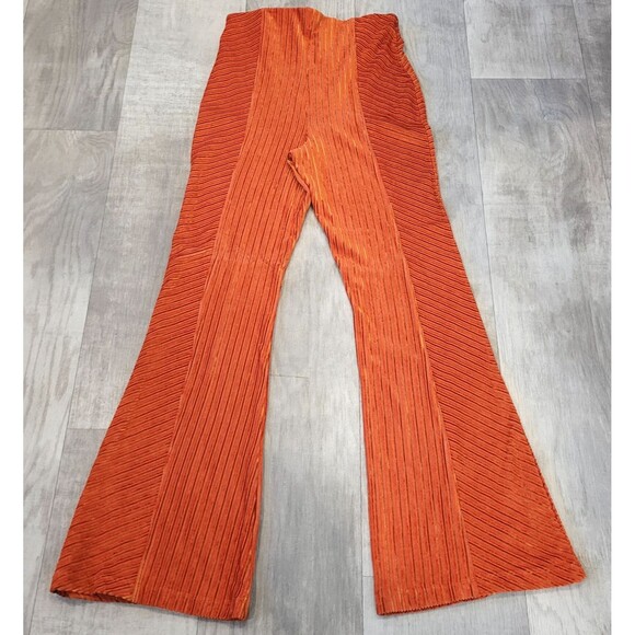 Free People L Orange Velvet Ribbed Flare Pull On Pants Boho 70s Festival Retro - Picture 7 of 8